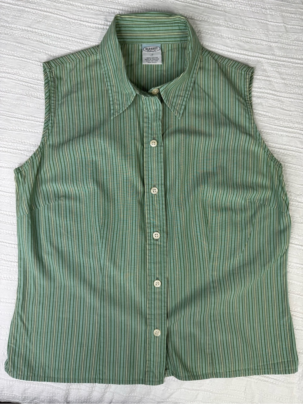Vintage Old Navy Green Striped Button-Down Sleeveless Shirt